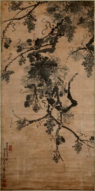null Pampres chargées de grappes de raisin, par Liu ...yong (1839-), datées 1910....