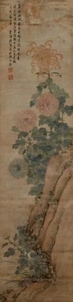 null Rocher et chrysanthèmes, par Zhou Jun (1811-1897)() Rouleau vertical, encre...