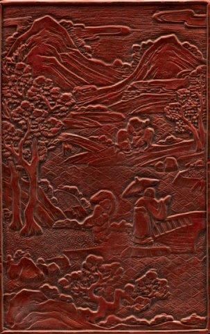 CHINE Coffret rectangulaire en laque rouge cinabre, décoré en léger relief sur toutes...
