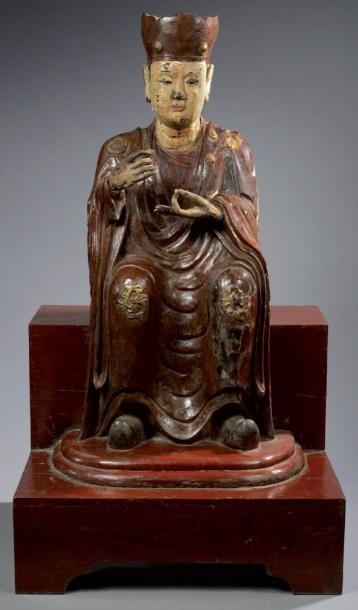 CHINE Importante statuette représentant une divinité (Quandi) assise sur un trône...