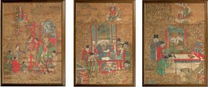 CHINE Trois peintures représantant les juges des enfers, encre et couleurs sur papiers....