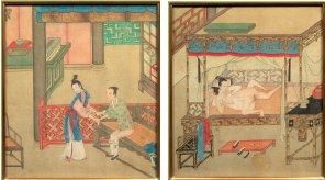 CHINE Deux peintrues érotiques sur soie: " couple dans un lit clos" et " jeux des...