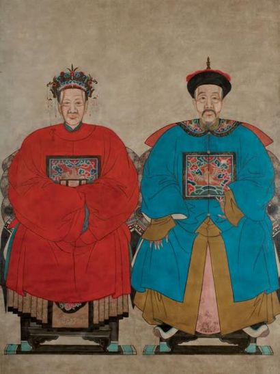 null Couple d'ancêtres, mandarin civil et son épouse. Anonyme, XIXe siècle. Encadré,...