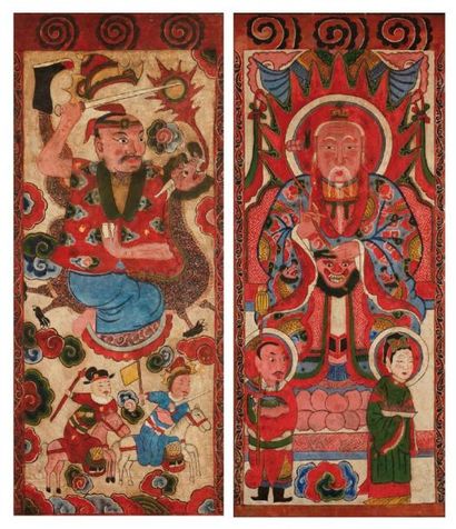 null Deux peinture: divinités taoïstes. Anonyme, XIXe siècle. Encadré, encre et couleurs...