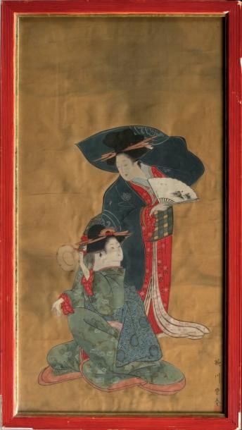JAPON Peinture en kakemono-e représentant deux bijins dans un interieur signé Utagawa...