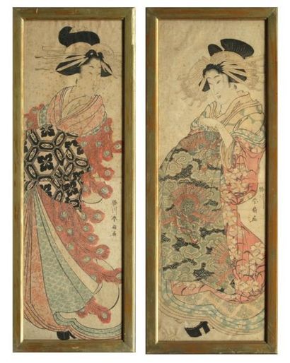 JAPON Paire de kakemono-e, beijins XIXe siècle H: 90 cm piqures