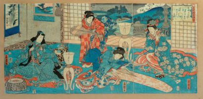 JAPON 3 Estampes encadrées, geishas dans un intérieur L: 90 cm