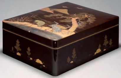JAPON Grande boîte rectangulaire en laque décorée en hira maki e sur fond noir de...