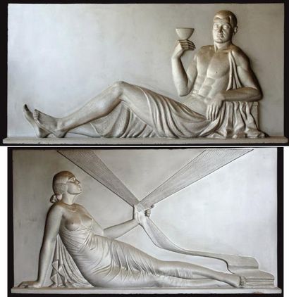 CLAUDIUS LINOSSIER (1893-1953) Importante paire de bas-reliefs sculptés en plâtre...