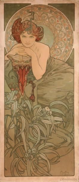 ALPHONSE MARIA MUCHA (1860-1939) « L'Emeraude » Rare et exceptionnel panneau décoratif...