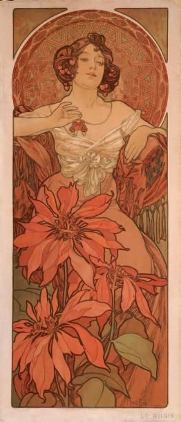 ALPHONSE MARIA MUCHA (1860-1939) « Le Rubis » Rare et exceptionnel panneau décoratif...