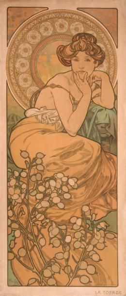 ALPHONSE MARIA MUCHA (1860-1939) « La Topaze» Rare et exceptionnel panneau décoratif...