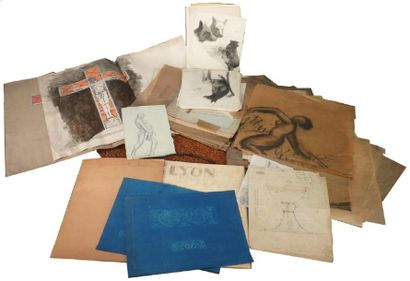 CLAUDIUS LINOSSIER (1893-1953) Carton à dessin reprenant différents modèles, études,...