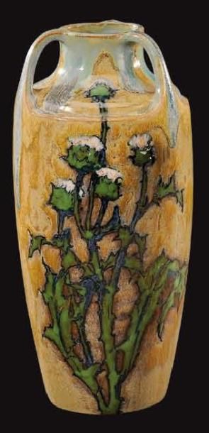 BEZARD & MOUSSEUX à Marlotte Haut vase ovoïde à trois anses en grés à motif floral...