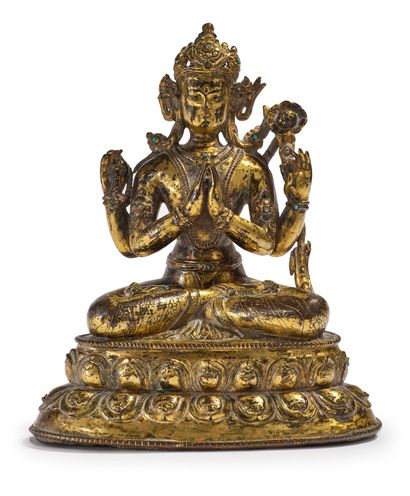 TIBET VERS 1920 


Gilt copper statue of Avalokitesvara holding a rosary and a flower,...
