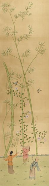 CHINE DÉBUT XXE SIÈCLE, POUR L'EXPORTATION 


一套11幅纸上彩色垂直壁画，下部表现了不同的人物，女人、男人、孩子，在草地上玩耍，从草地上升起的竹子被卷到了画板的顶部。



尺寸270厘米x91厘米...