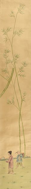 CHINE DÉBUT XXE SIÈCLE, POUR L'EXPORTATION 


一套11幅纸上彩色垂直壁画，下部表现了不同的人物，女人、男人、孩子，在草地上玩耍，从草地上升起的竹子被卷到了画板的顶部。



尺寸270厘米x91厘米...