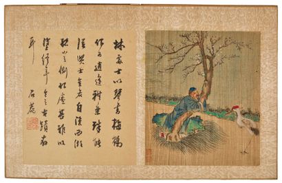 Chine XIXe siècle 


由12幅表现人物动画场景的丝绸上多色小画组成的画册，上面有书法说明，折叠成小册子，每面都有木质封面。每幅画的尺寸：22...
