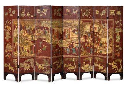 CHINE _x0008_XIXE SIÈCLE 


Large Coromandel lacquer screen with eight leaves, decorated...