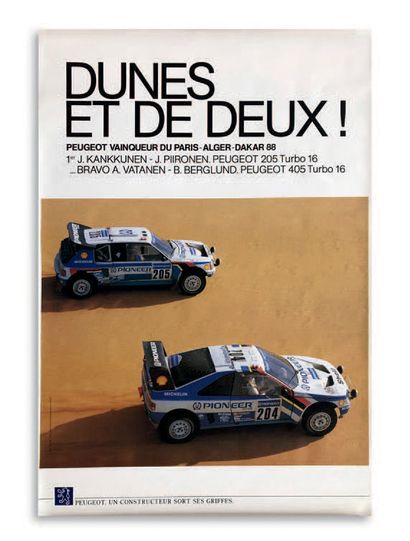 DUNES ET DE DEUX ! 
Lot de 4 affiches représentant les 205 et 405 Turbo 16 au Paris...