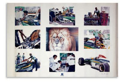 FORMULE 1 
Lot de 13 affiches représentant les écuries Ligier, Prost Peugeot,
McLaren,...