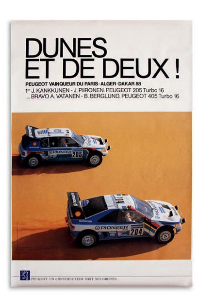 DUNES ET DE DEUX ! 
Lot de 4 affiches représentant les 205 et 405 Turbo 16 au Paris...