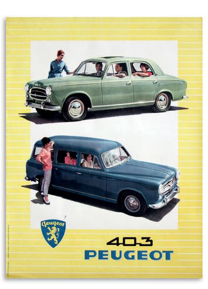 PEUGEOT 403 
Lot of 2 advertising posters presenting the Sedan and Estate models
Good...