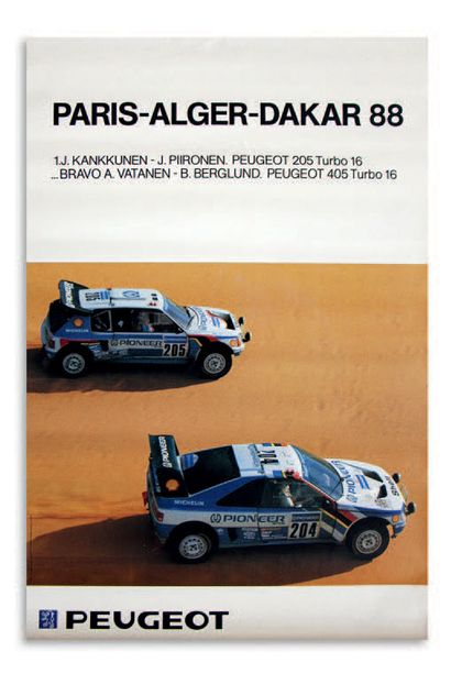 DUNES ET DE DEUX ! 
一共4张海报，代表205和405 Turbo 16在1988年巴黎阿尔及尔达喀尔的比赛
状态良好
尺寸：3张尺寸为117...
