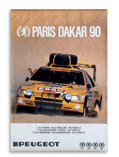 PARIS DAKAR 1990 
一批2张代表标致405 Turbo的海报 16
尽管有一些折叠、撕裂和污渍，但总体状况良好
尺寸：173 x 119 cm