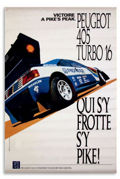 PIKES PEAK Lot de 5 affiches représentant la Peugeot 405 Turbo 16 Bon état général...