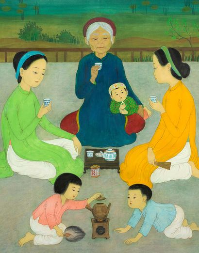 MAI TRUNG THU (1906-1980) 
La cérémonie du thé, 1971

Encre et couleurs sur soie,...