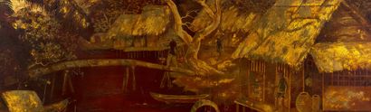 LÊ THY (1919-?) 
水边的日常场景，约1930-1940年

漆器和金色亮点，右下方有签名

59.5 x 122.5 cm - 23 3/8 x...