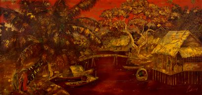 LÊ THY (1919-?) 
水边的日常场景，约1930-1940年

漆器和金色亮点，右下方有签名

59.5 x 122.5 cm - 23 3/8 x...