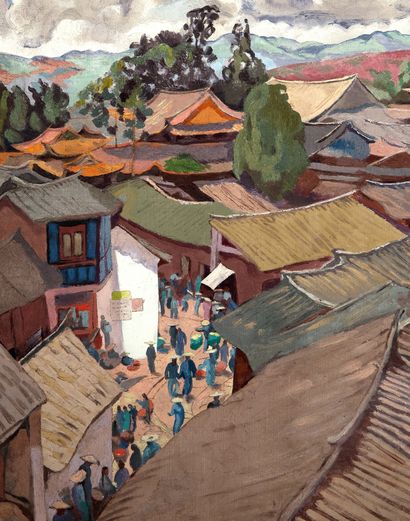 ALIX AYMÉ (1894-1989) 
云浮的屋顶

布面油画，位于背面的担架上

60.3 x 69.3 cm - 23 3/4 x 27 1/4 in.

布面油画，位于背面



证据

普鲁尼耶拍卖会，卢维埃，1990年11月25日，第53号

私人收藏，法国

(在之前的销售中获得)

私人收藏（由前主人提供



好奇心和永恒的探索者，阿里克斯-艾梅将她的职业生涯致力于表现她所探索的国家的习惯和习俗的特点。掌握了漆器、木炭和油画，她努力通过多彩的风景和当地人的肖像忠实地记录这个东南亚。在她的旅行中，云南风景的异质性之美，尤其是云南府城的异质性之美，给她的作品打上了烙印。作为这个中国省份的古都，这个被云南铁路穿过的城市以其热闹的市场和众多的佛塔而闻名。魅力，Alix...