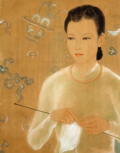 LUONG XUAN NHI (1913-2006) 
Le tricot, 1941

Ink and color on silk, signed and dated

lower...