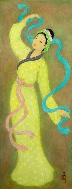 MAI TRUNG THU (1906-1980) La danse du foulard, 1979 Encre et couleurs sur soie, signée...