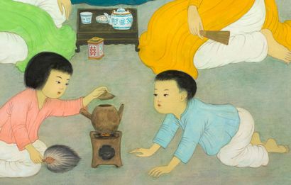MAI TRUNG THU (1906-1980) 
La cérémonie du thé, 1971

功夫茶是历史悠久的传统中国文化的一部分，可以解读为 花时间喝茶的艺术，表现了中国文化的丰富性。启发了著名的日本茶道的仪式的产生，功夫茶包含了茶的准备以及服务。一个分享和宁静的时刻，梅忠恕在《茶会》中精彩地诠释了这一儒家的观念。制茶的基本要素被汇集在一起，并被细致地表现出来：由茶壶和小杯子组成的瓷茶具，但也有木制茶船和炉子。



梅忠恕于1906年出生在越南海丰附近，在河内的法国中学读书。与黎谱、武高谈和黎文第一样，他是由画家维克多·塔迪昂（Victor...