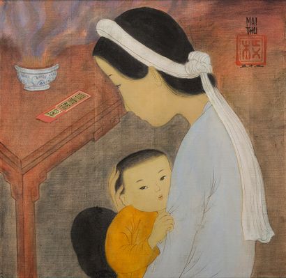MAI TRUNG THU (1906-1980) 
祭坛前的妇女和儿童，1953年

丝绸上的水墨和色彩，右上方有签名和日期

在艺术家制作的原始框架中

26...