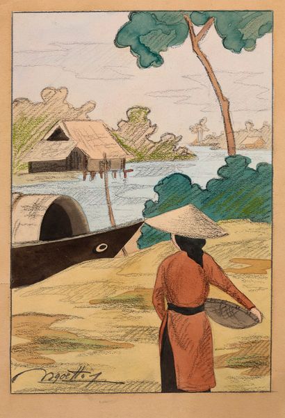 ÉCOLE DU XXE SIÈCLE 
在水边的越南妇女

纸上水彩、粉彩和炭笔，左下角有签名

30 x 20 cm - 11 3/4 x 7 7/8 in...