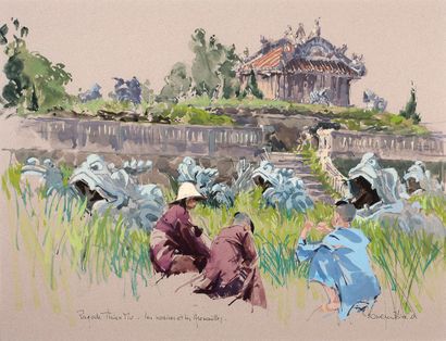 RONAN OLIER (1949-2020) 
Pagode Thien Mu, Les novices et les grenouilles

Watercolor...