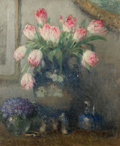 Pierre Eugène MONTEZIN (1874-1946) Bouquet de tulipes et d'hortensias
Huile sur toile,...