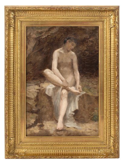 Guillaume SEIGNAC (1870-1924) 坐着的女人从她的脚上拔掉一根刺
布面油画
右下角签名
布面油画，右下角签名 40,5 x 27 cm...