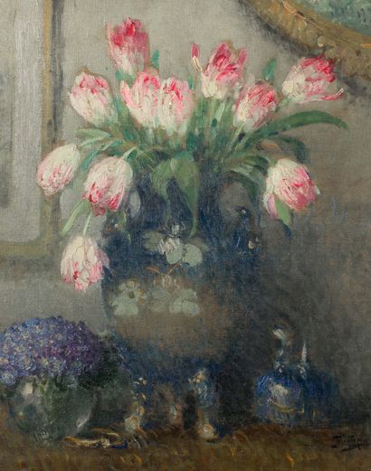 Pierre Eugène MONTEZIN (1874-1946) Bouquet de tulipes et d'hortensias
Huile sur toile,...