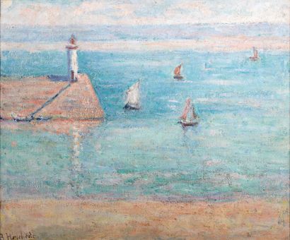 Blanche HOSCHEDE-MONET (1865-1947) Bateaux au port de Diélette, Normandie, 1938 Huile...