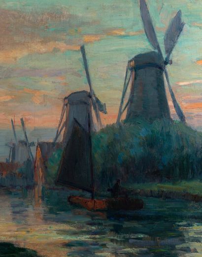 ALBERT LEBOURG (1849-1928) 从鹿特丹到Overschie路上的风车，日落效果
布面油画
左下角有签名和日期 "1896"
布面油画，左下角有签名和日期...