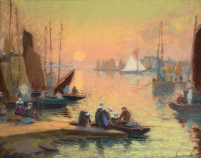 Mathurin JANSSAUD (1857-1940) Retour de pêche dans un port en Bretagne
纸板上的粉彩画
右下角签名
纸板上的粉彩画，右下角签名...