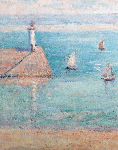 Blanche HOSCHEDE-MONET (1865-1947) Bateaux au port de Diélette, Normandie, 1938
Oil...