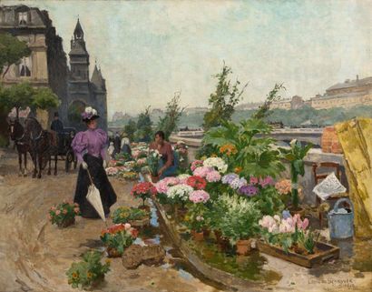 LOUIS-MARIE DE SCHRYVER (1862-1942) Le quai aux fleurs à Paris, 1896 Huile sur toile...