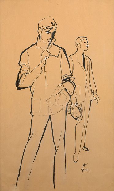 RENÉ GRUAU (1909-2004) 男性 纸上水墨和水粉画，右下角签名 纸上水墨和水粉画，右下角签名 61 x 38厘米（视线）。 24 1/64 x...