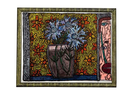 ROBERT COMBAS (né en 1957) Les belles fleurs bleues. La tapisserie. La tête de veau,...